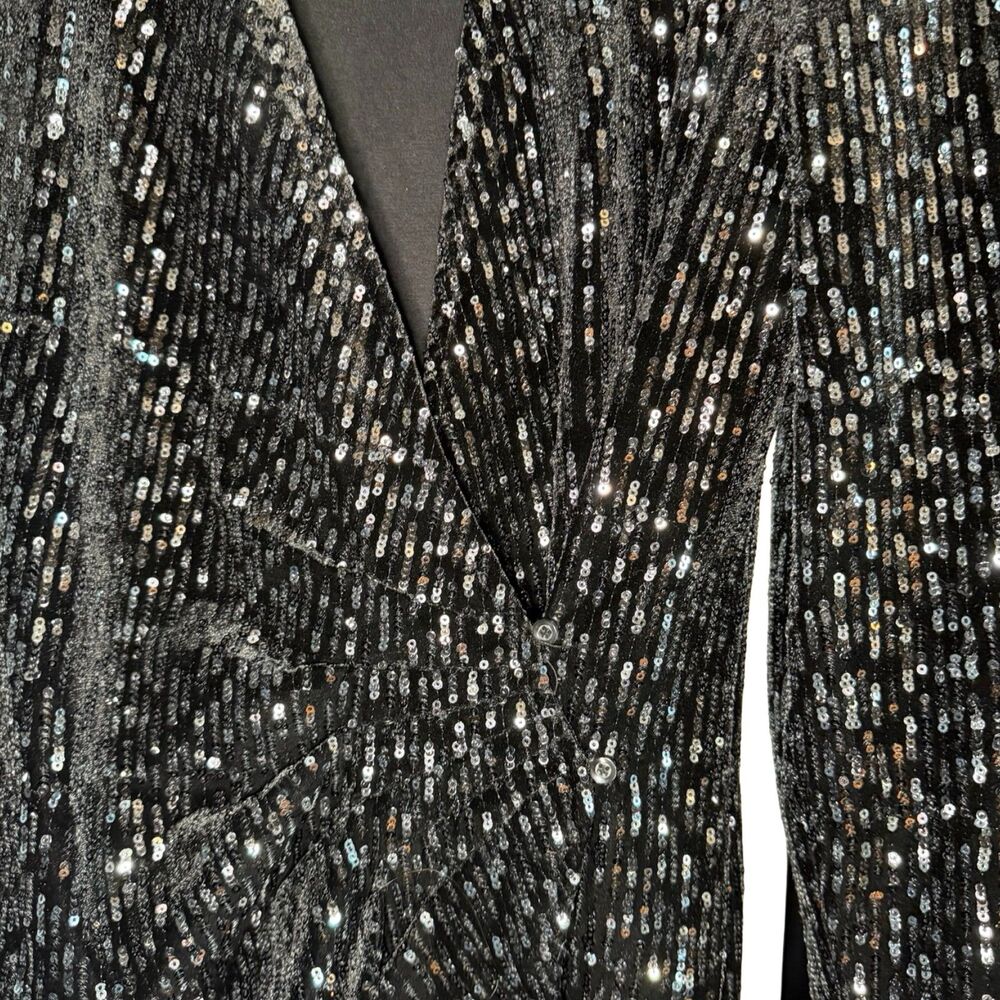Maje NWOT Rivy Sequin Mini Dress Silver Black Velvet Wrap Long Sleeve Size 4 - Picture 11 of 12
